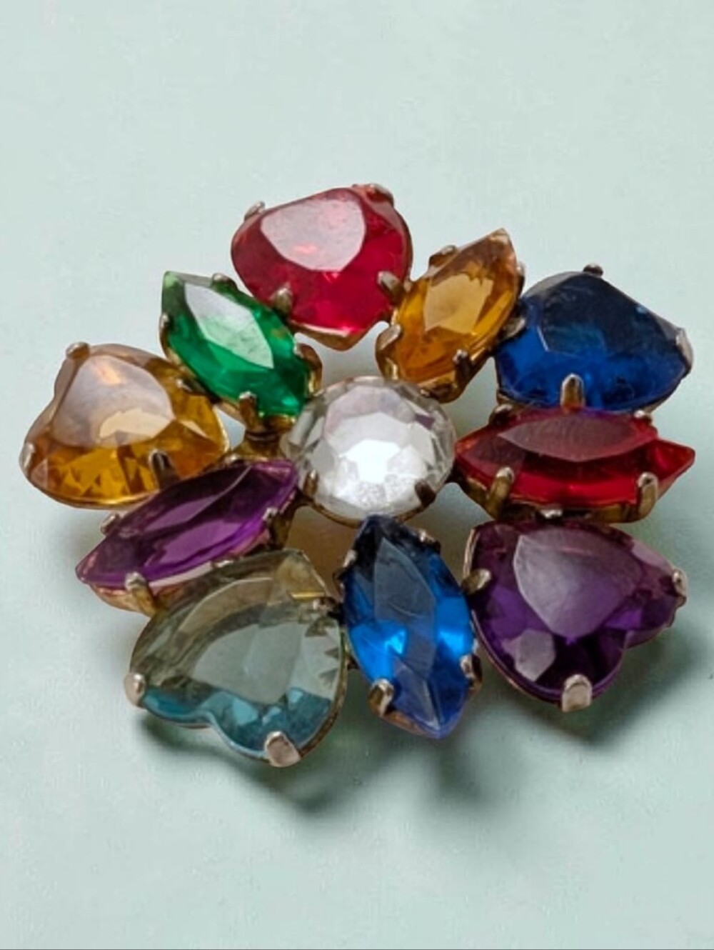 VINTAGE Colorful Stone Brooch Pin 1970 Red Heart Blue Green Purple Aqua Amber 2"